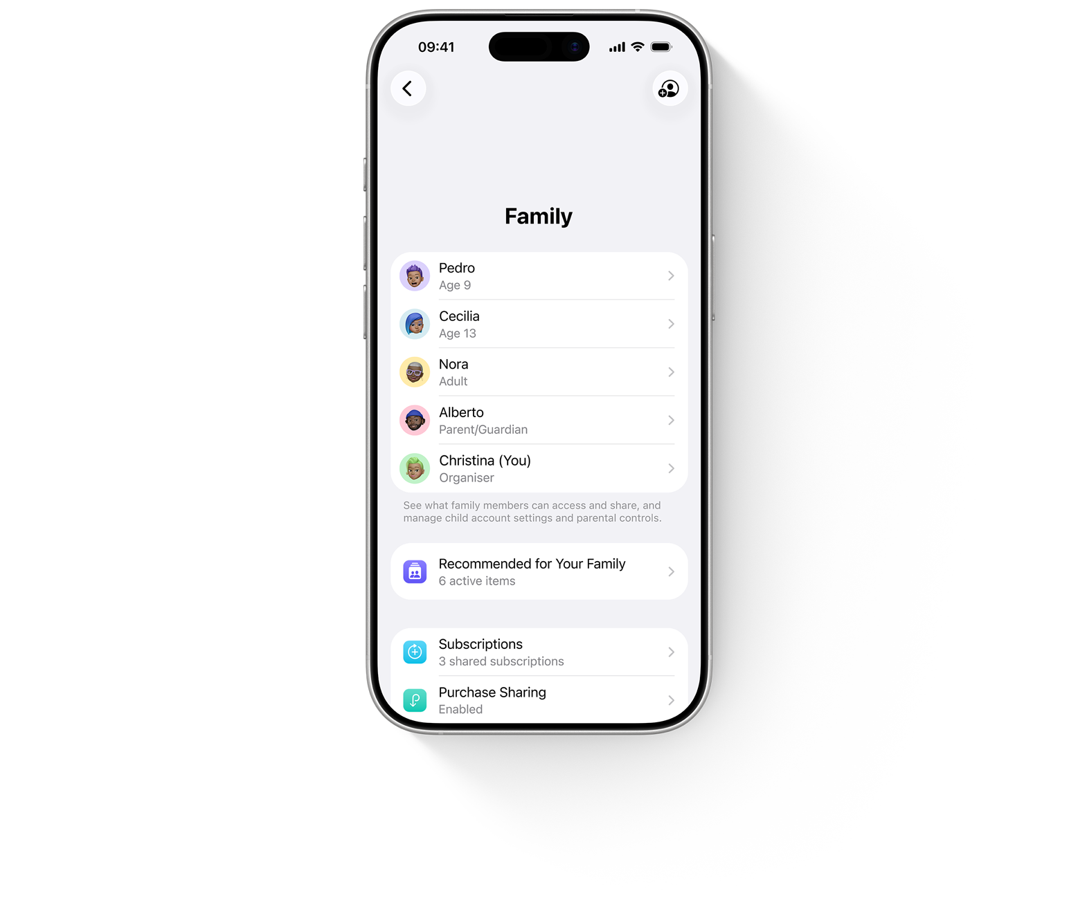 A five-person family is represented as Memoji heads. Each is inside a different coloured circle. They playfully look to one another before resolving into the Family Sharing screen in Settings inside an iPhone.