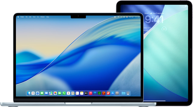 MacBook vasemmalla, iPad oikealla, näytöillä samanlainen sini-vihreä taustakuva.