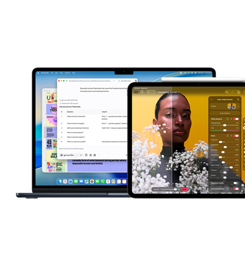 Ein Mac Bildschirm zeigt Apple Intelligence, ein iPad Bildschirm zeigt Pixelmator Pro