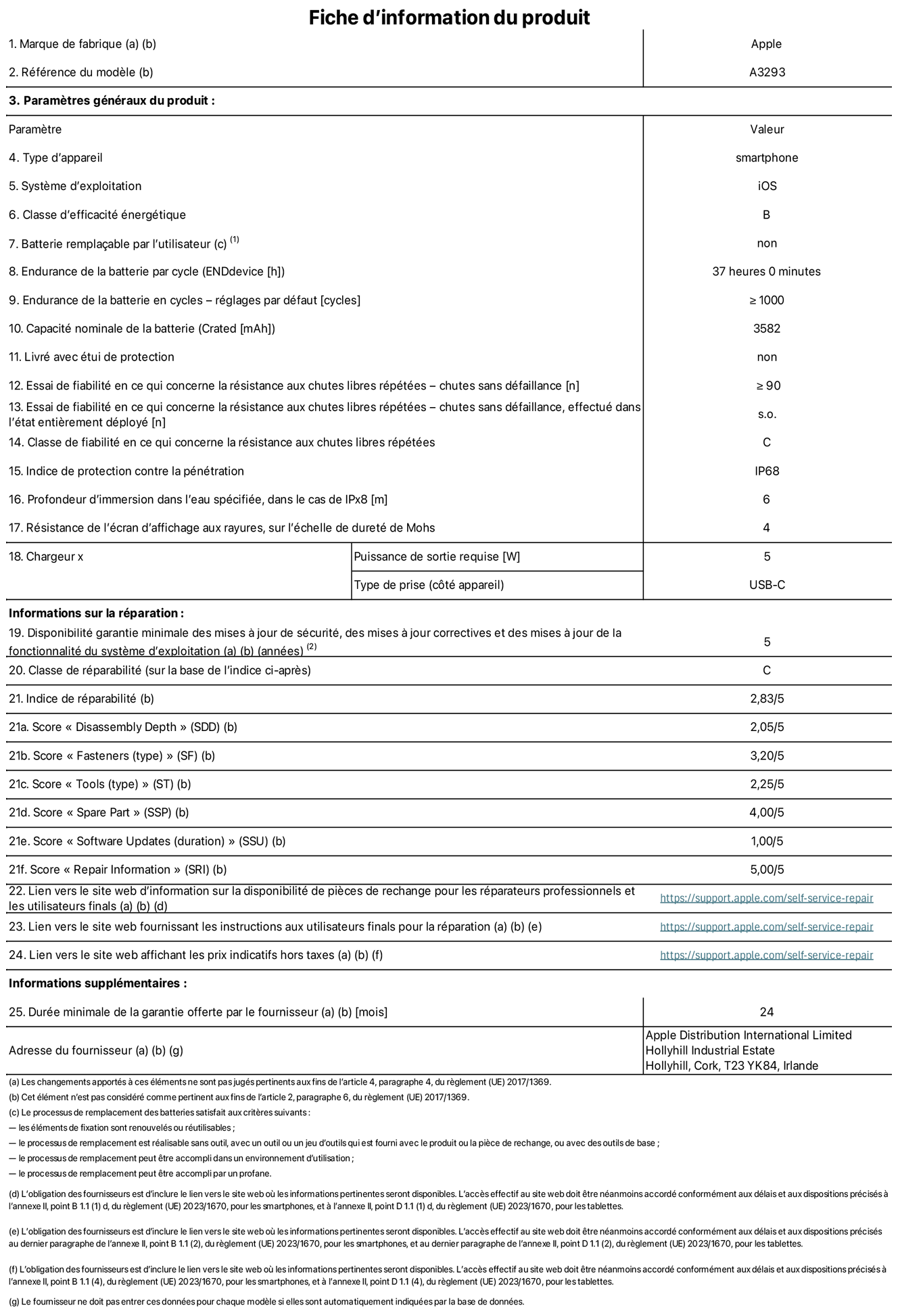 Fiche d’informations produit de l’iPhone 16 Pro, modèle A3293. Fournie par Apple Distribution International Limited, Hollyhill Industrial Estate. Cork, T23 YK84, Irlande Type d’appareil : smartphone. Système d’exploitation : iOS. Classe d’efficacité énergétique : B. Batterie remplaçable par l’utilisateur : non. Endurance de la batterie par cycle : 37 heures. Endurance de la batterie en cycles – réglages par défaut : ≥ 1 000. Capacité nominale de la batterie : 3 582 mAh. Livré avec étui de protection : non. Essai de fiabilité en ce qui concerne la résistance aux chutes libres répétées – chutes sans défaillance : ≥ 90. Essai de fiabilité en ce qui concerne la résistance aux chutes libres répétées – chutes sans défaillance, effectué dans l’état entièrement déployé : non applicable. Classe de fiabilité en ce qui concerne la résistance aux chutes libres répétées : C. Indice de protection contre la pénétration : IP68. Profondeur d’immersion spécifiée, dans le cas de l’IPx8 : 6 mètres. Résistance de l’écran d’affichage aux rayures sur l’échelle de dureté de Mohs : 4. Puissance de sortie requise du chargeur : 5 W. Type de prise (côté appareil) : USB‑C. Disponibilité garantie minimale des mises à jour de sécurité, des mises à jour correctives et des mises à jour de la fonctionnalité du système d’exploitation : 5 ans. Classe de réparabilité : C. Indice de réparabilité : 2,83/5. Score pour la profondeur de désassemblage (SDD) : 2,05/5. Score pour les éléments de fixation : 3,20/5. Score pour les outils : 2,25/5. Score pour les pièces de rechange : 4,00/5. Score pour les mises à jour logicielles : 1,00/5. Score pour les informations concernant la réparation : 5,00/5. Lien vers le site web d’information sur la disponibilité des pièces de rechange pour les réparateurs professionnels et les utilisateurs finaux : https://support.apple.com/self-service-repair. Lien vers le site web fournissant les instructions aux utilisateurs finaux pour la réparation : https://support.apple.com/self-service-repair. Lien vers le site web affichant les prix indicatifs hors taxes : https://support.apple.com/self-service-repair. Garantie générale de 12 mois offerte.