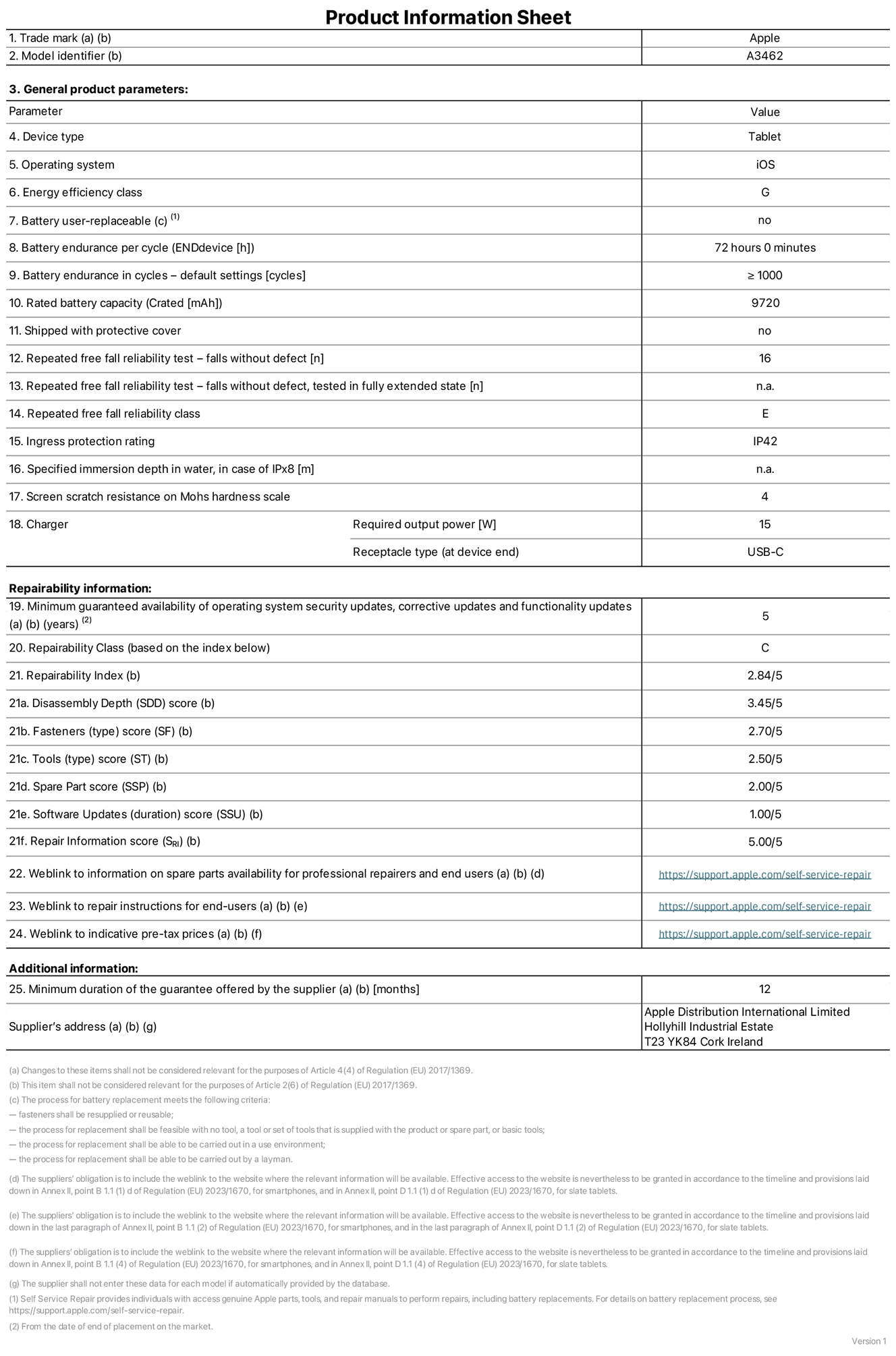 Product information sheet for 13-inch iPad Air Wi‑Fi + Cellular, model A3462. Supplied by Apple Distribution International Limited, Hollyhill Industrial Estate. Cork, Ireland, T23 YK84. Device type: tablet. Operating system: iOS. Energy efficiency class: G. Battery user-replaceable: no. Battery endurance per cycle: 72 hours. Battery endurance in cycles — default settings: greater than or equal to 1,000. Rated battery capacity: 9720 milliampere-hours. Shipped with protective cover: no. Repeated free fall reliability test - falls without defect: 16. Repeated free fall reliability test — falls without defect tested in fully extended state: not applicable. Repeated free fall in reliability class: E. Ingress protection rating: IP42. Specified immersion depth in water, in case of iPx8: not applicable. Screen scratch resistance on Mohs hardness scale: 4. Charger required output power: 15 watts. Charger receptacle type (at device end): USB‑C. Minimum guaranteed availability of operating system security updates, corrective updates and functionality updates: 5 years. Repairability class: C. Repairability index: 2.84/5. Disassembly Depth (SDD) score: 3.45/5. Fasteners score: 2.70/5. Tools score: 2.50/5. Spare part score: 2.00/5. Software updates score: 1.00/5. Repair information score: 5.00/5. Weblink to information on spare parts availability for professional repairers and end-users: https://support.apple.com/self-service-repair. Weblink to repair instructions for end-users: https://support.apple.com/self-service-repair. Weblink to indicative pre-tax prices: https://support.apple.com/self-service-repair. 12-month general guarantee offered.