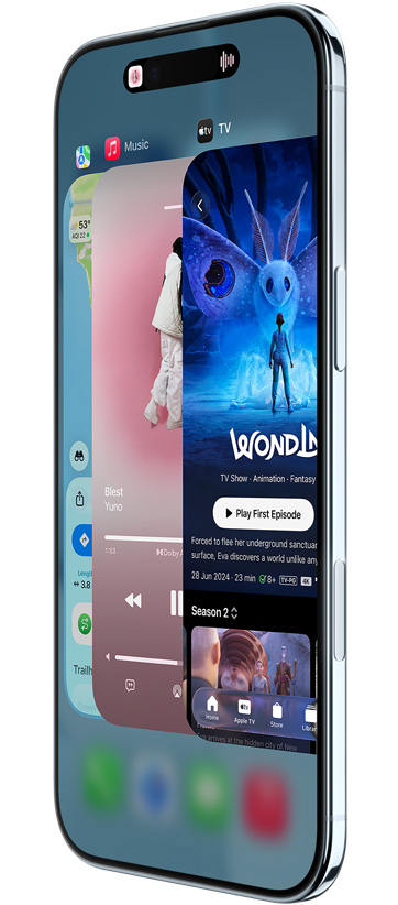 iPhone Air, face avant, côté, avec les apps Plans, Musique et Apple TV+, présentant la fonctionnalité Sélecteur d’app en cours d’utilisation