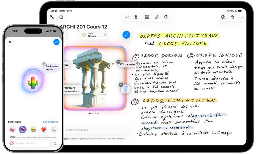 Un iPhone montrant la création d’un Genmoji de cactus aux couleurs de l’arc-en-ciel, et un iPad affichant la Baguette graphique qui transforme une esquisse en pavillon moghol.