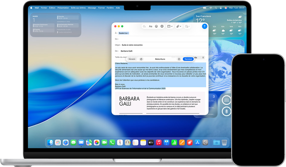 Un iPhone et un Mac affichant des outils d’écriture