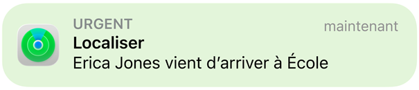 Animation d’un message de notification indiquant qu’une enfant est arrivée à l’école.