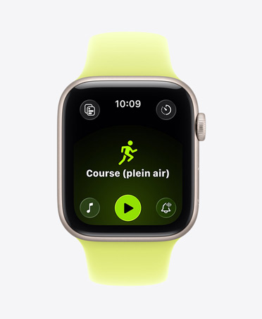 Apple Watch Series 3, boîtier en aluminium, lumière stellaire, exercice Course en plein air activé, commandes de lecture d’Apple Music en bas de l’écran, Bracelet Sport, jaune fluo