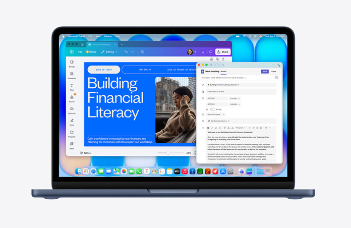 MacBook Neo en finition minuit, affichant une page web intitulée « Building Financial Literacy » avec l’image d’une personne, un brouillon d’e-mail ouvert, barre de menus avec diverses icônes, Dock en bas avec les icônes des apps