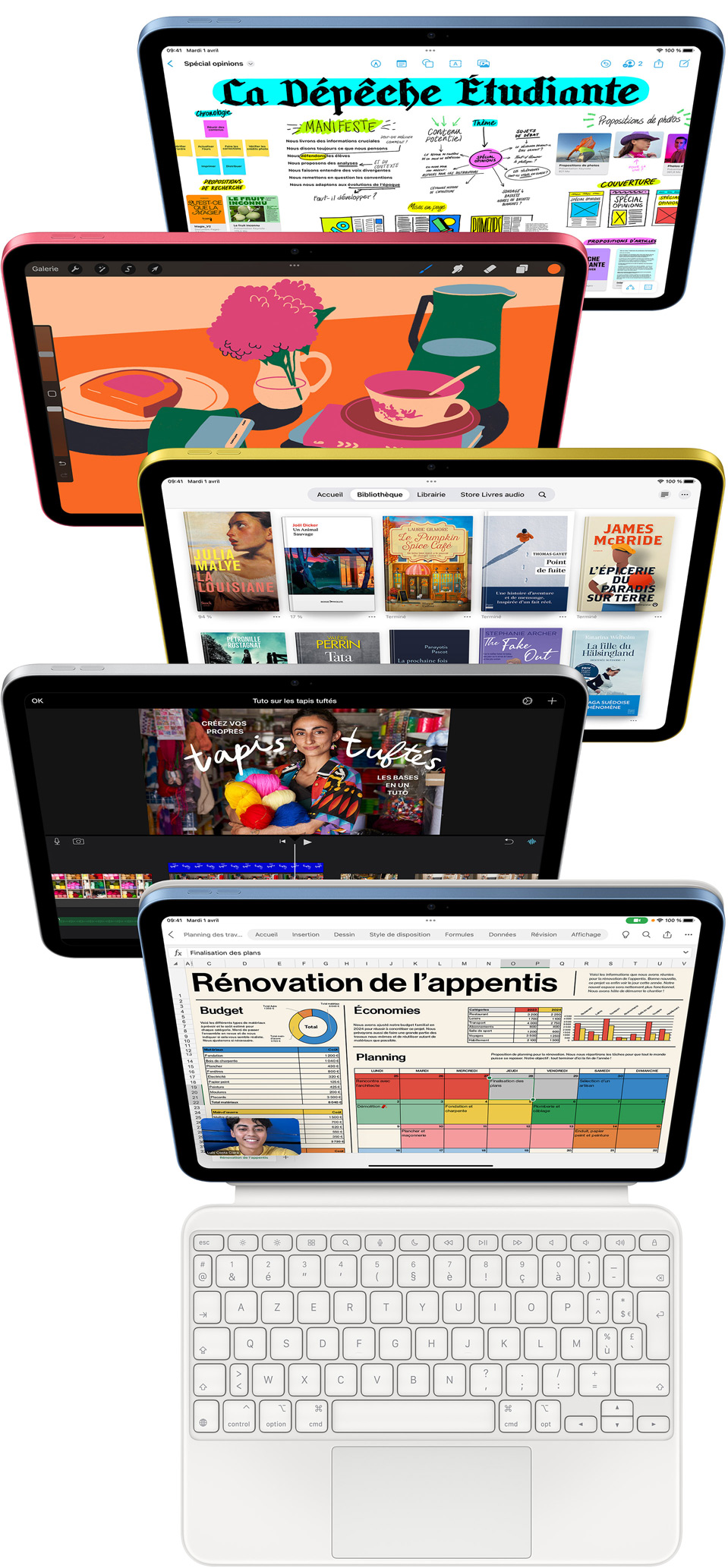 Des écrans d’iPad affichent toute une variété d’apps, dont Freeform, ProCreate, Livres, iMovie et Microsoft Excel avec Webex Meetings.