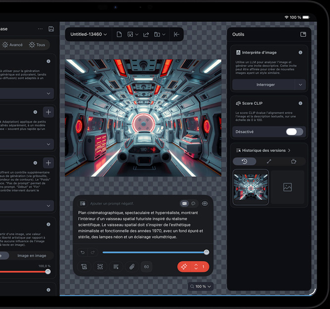 iPad Pro, face avant, écran affichant le montage d’une séquence de vaisseau spatial futuriste à l’aide de divers outils de montage et de fonctions d’IA ouvertes, notamment Image Interpreter et CLIP Score