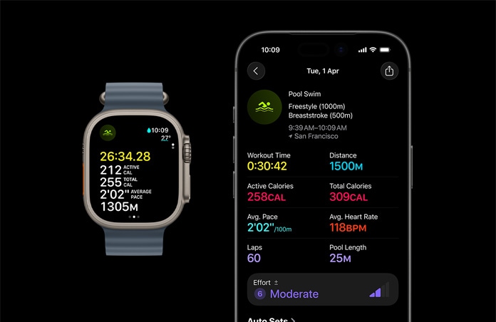 Apple Watch Ultra 3, φυσικό χρώμα, κάσα από τιτάνιο, λουράκι Ocean Band, μπλε της άγκυρας χρώμα, ενεργή προπόνηση Κολύμβησης, εκτενέστερη ανάλυση μετρήσεων προπόνησης στο iPhone