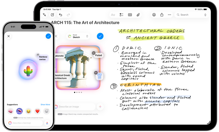 iPhone and iPad showing Genmoji creating a rainbow cactus, and Image Wand turning a sketch into architectural orders of ancient Greece.