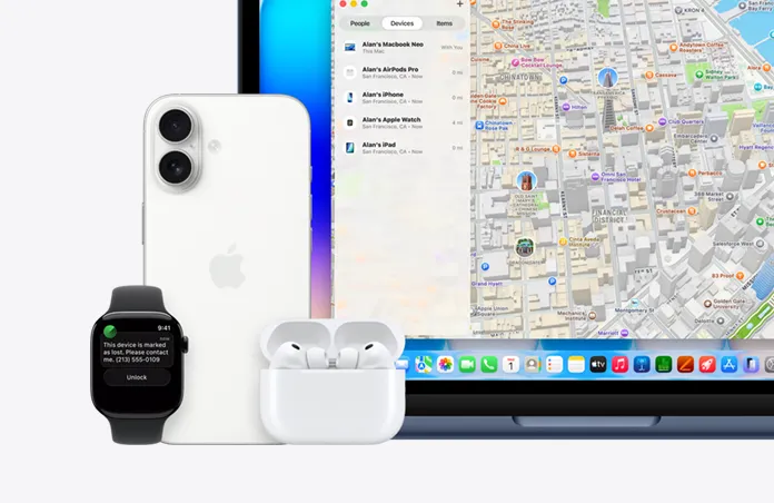 Apple Watch, text onscreen reads “This device is marked as lost, please contact me” with phone number, next to iPhone, AirPods Pro, and MacBook Neo, indigo color, screen shows Find My app with map and list of devices with their locations