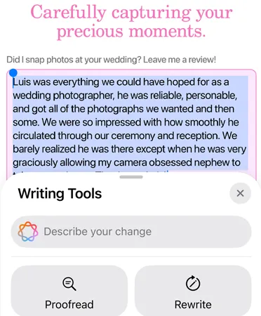 使用書寫工具功能，並展示校對、重寫、友善、專業或簡潔等選項。