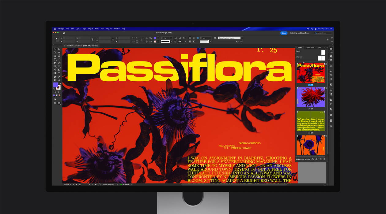 U Adobe InDesign 2026 datoteci živopisna duplerica časopisa prikazuje raspon boja P3 + Adobe RGB