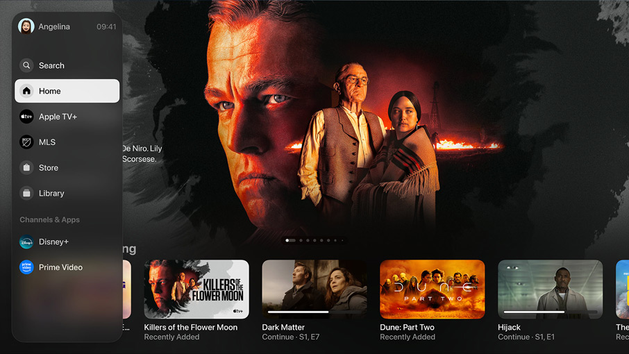 Kép az Apple TV appról egy, az Apple TV „The Morning Show” című sorozatából származó állókép felett