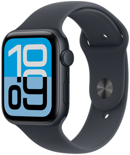 Apple Watch SE 3, aluminum case, midnight color, Flux watch face, right side exterior, Digital Crown, microphone, side button, midnight Sport Band, midnight pin-and-tuck closure