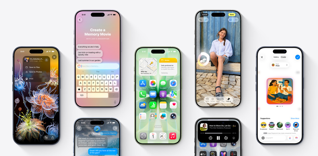 Sederetan perangkat iPhone 17 dan 17 Pro, masing-masing dengan layar berbeda yang menampilkan fitur iOS 26 dan Apple Intelligence