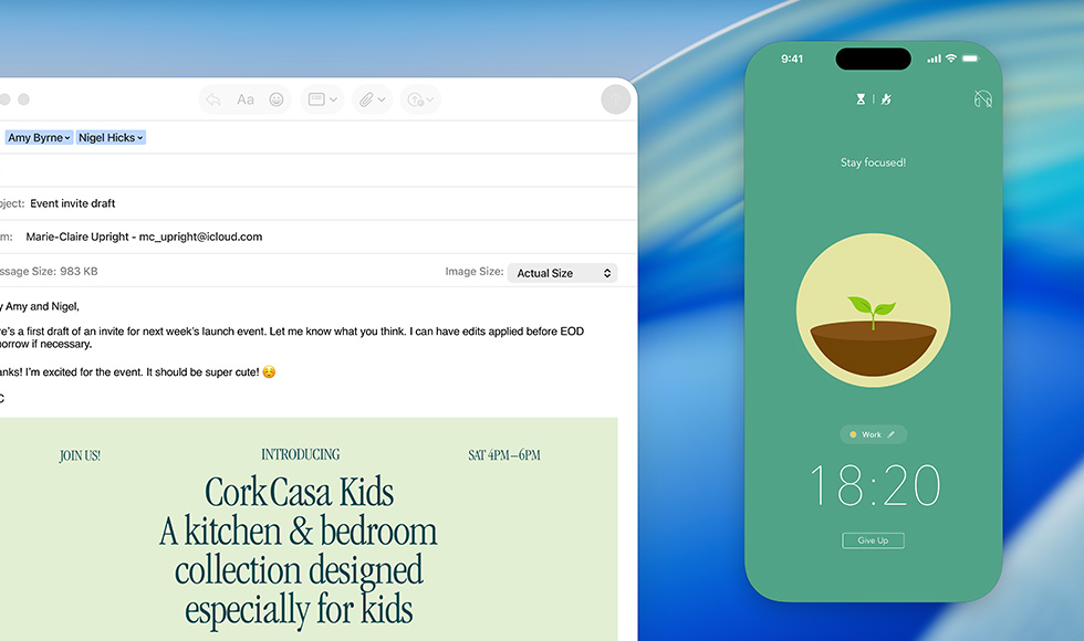 Layar MacBook, aplikasi Mail terbuka, layar iPhone dicerminkan ke layar MacBook yang menampilkan Forest hampir tiba