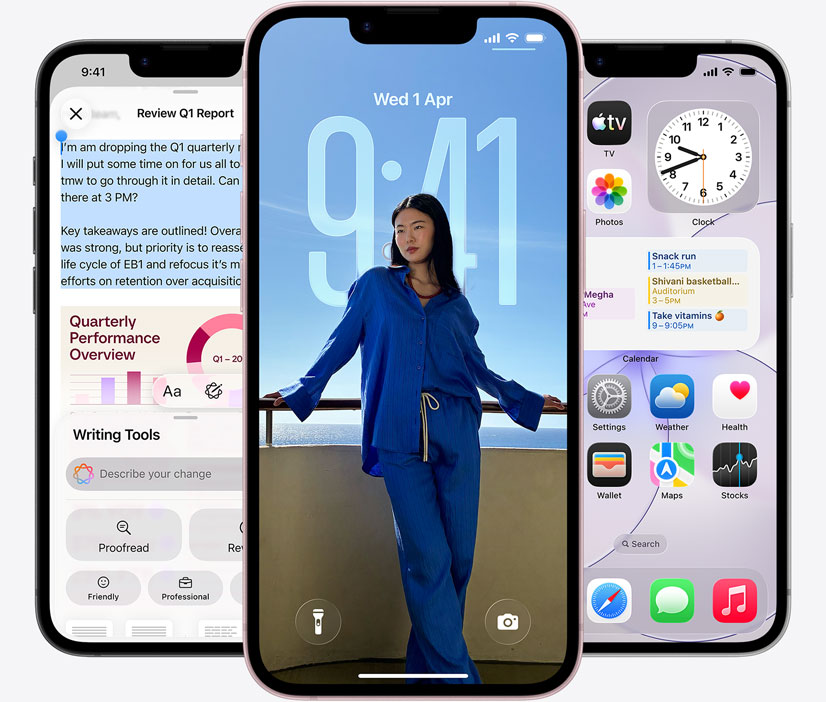 Three iPhone 17e devices, front exterior, screenshot featuring Writing Tools in use, Lock Screen showing a photo of a person, and Messages app sending messages via satellite