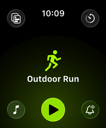 Workout app new layout, green buttons in each corner to access alerts, music, experiences, custom workouts and metrics against a black background. In centre, an icon of a runner in green, with Outdoor Run in white letters below and a green Play button below
