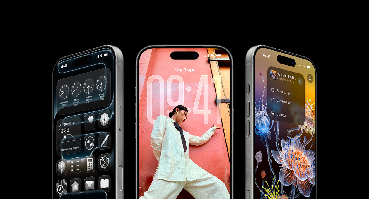 Tre iPhone 17 Pro affiancati mostrati di fronte, sui display le Ore locali dell’app Orologio, la schermata di blocco di iOS 26 e come salvare note dall’app Note.