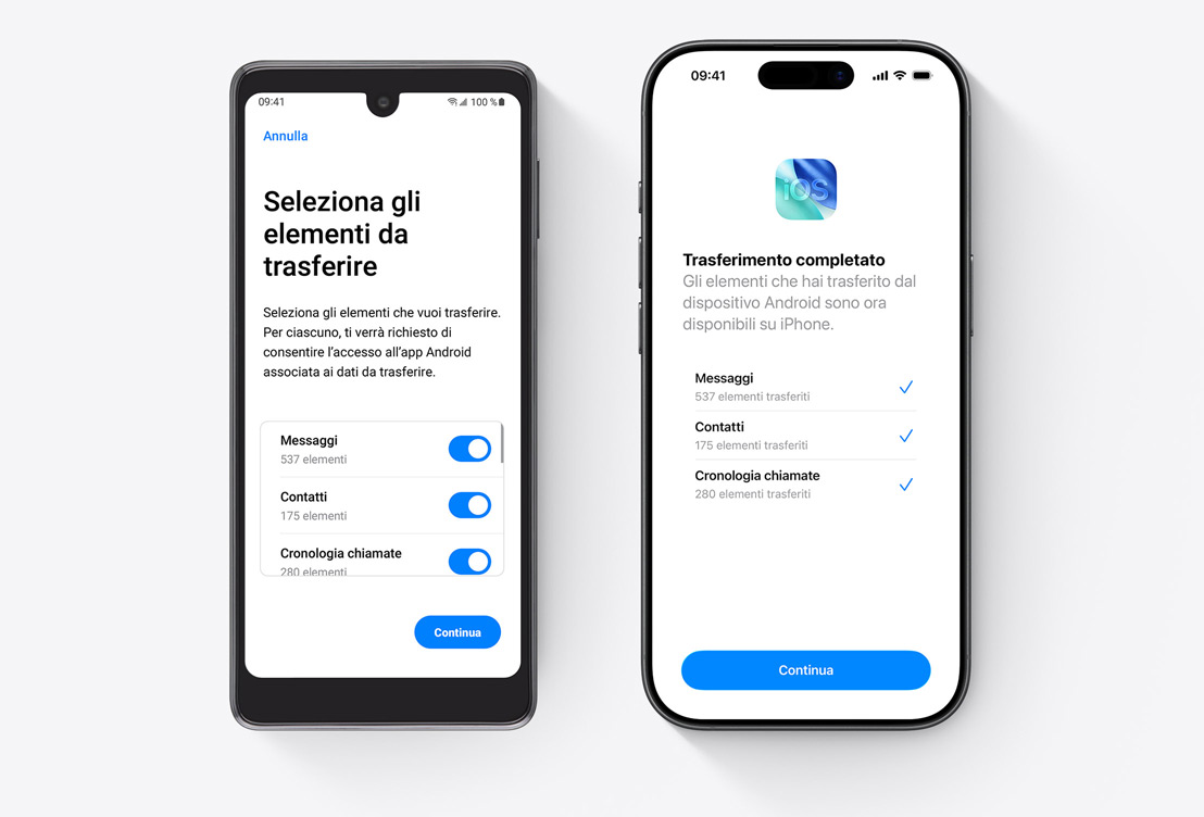 Due telefoni affiancati, un Android con l’app Passa a iOS sullo schermo, un iPhone con l’app Passa a iOS sullo schermo