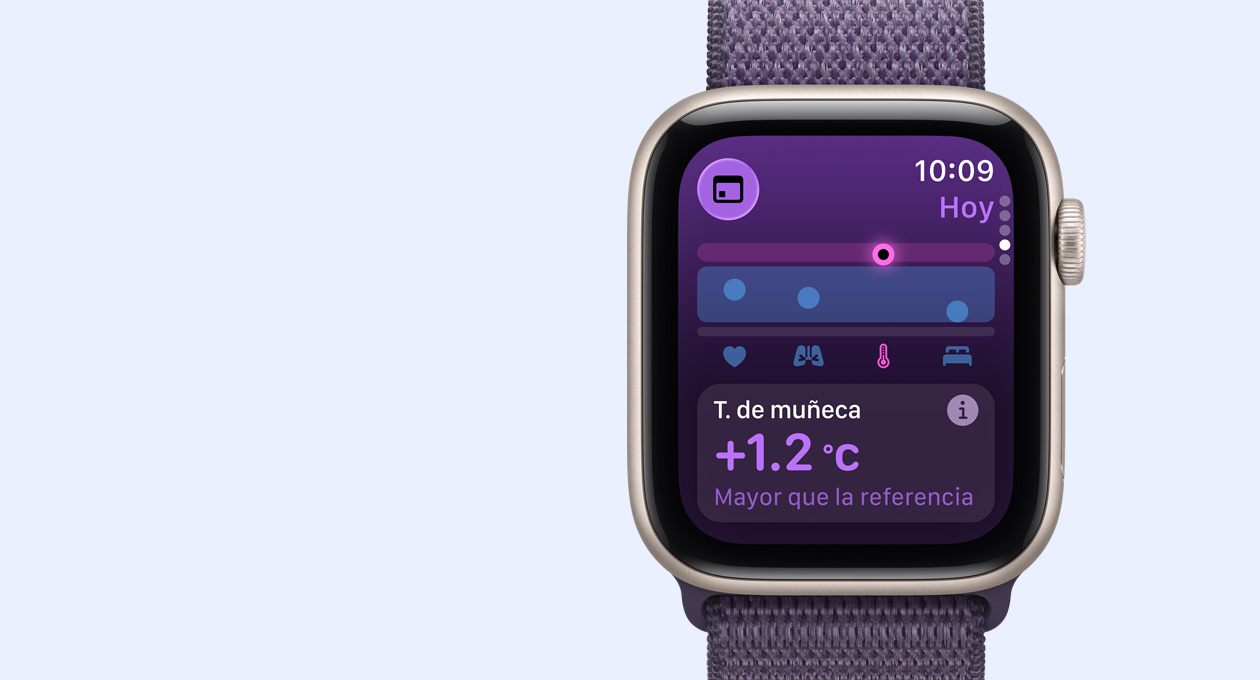 Apple Watch SE 3, caja de aluminio, blanco estelar, métricas de temperatura de la muñeca, parte lateral derecha, Digital Crown, correa loop deportiva, morado niebla