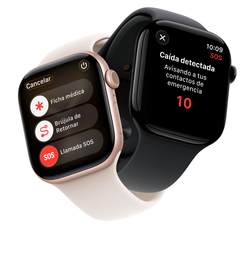Dispositivos Apple Watch Series 11, cajas de aluminio, colores oro rosa y negro azabache pulido, funcionalidades de seguridad: Ficha Médica, Brújula de Retornar, llamada de emergencia, correas deportivas, colores rosa rubor y negro