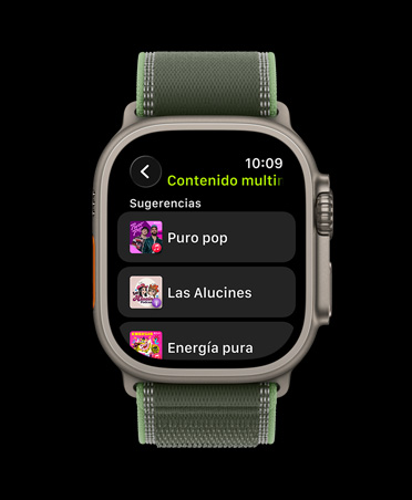 Apple Watch Ultra 3, caja de titanio, color natural, Apple Music, sugerencias de música y podcasts, correa Trail, color verde/neón