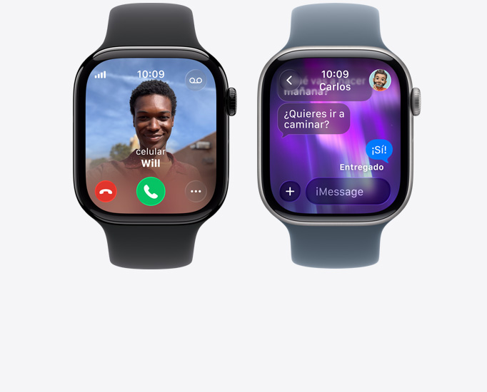 Dispositivos Apple Watch Series 11, llamada entrante, foto de contacto, botones de aceptar y rechazar llamada, conversación de iMessage