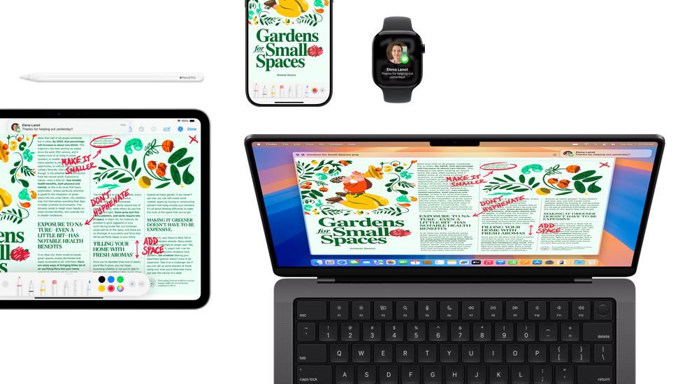 A suite of devices including an iPad, iPhone, Watch, and Mac, all featuring the same content.