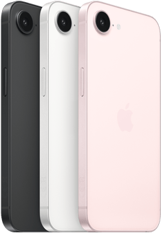 „iPhone 17e“, šoninė ir galinė dalis, juodos spalvos, šoninė ir galinė dalis, baltos spalvos, šoninė ir galinė dalis, švelnios rožinės spalvos, „Fusion“ kamera viršuje, šoninis mygtukas