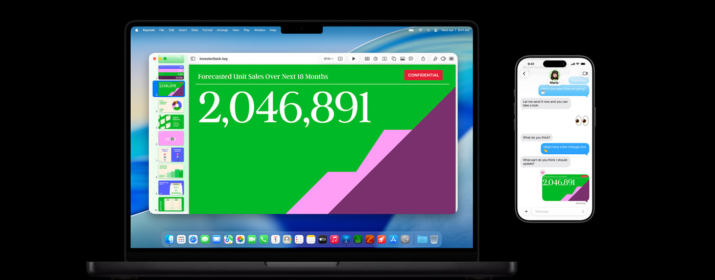 Un Mac affiche une présentation et un fond d’écran macOS Tahoe. Devant le Mac se trouve un iPhone avec la même présentation intégrée dans une conversation par SMS.