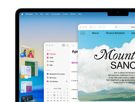 Plusieurs fenêtres et apps affichées sur un écran à l’aide de Stage Manager, notamment Keynote, Pages, Mail et un site web, avec macOS Tahoe en arrière-plan.