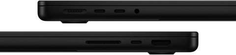 Trīs MacBook Pro porti: kreisajā pusē ir MagSafe 3, divi Thunderbolt porti un austiņu ligzda; labajā pusē ir SDXC kartes slots, viens Thunderbolt ports un HDMI