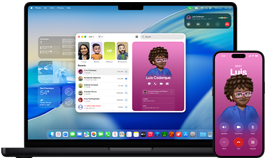 MacBook Pro un iPhone 16 Plus, atvērta Phone aplikācija, abos ekrānos tiek rādīta viena un tā pati kontaktpersona