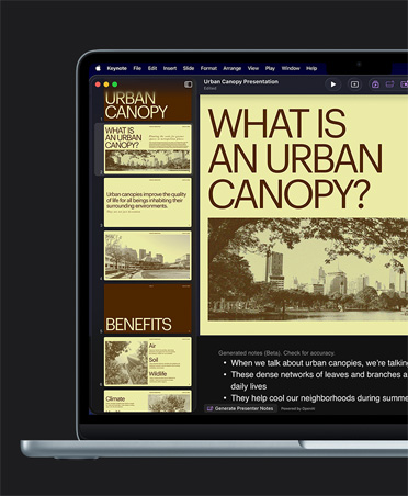 شاشة MacBook Air 13، تطبيق Keynote، شريحة صفراء بعنوان Urban Canopy مع صور لمبانٍ، ملاحظات لمقدم العرض طُلب إنشاؤها باستخدام الذكاء الاصطناعي أسفل الشريحة