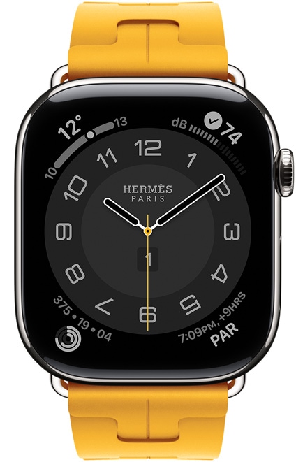 ساعة Apple Watch Hermès Series 11، واجهة الساعة بعقارب Circulaire، (عقارب الساعة والدقيقة والثانية، الإضافات: الطقس، حلقات النشاط، الوقت في باريس، تطبيق الضوضاء)، إطار تيتانيوم، لون فضي، الجانب الخارجي الأيمن، التاج الرقمي، مع حزام Kilim Single Tour، لون أصفر (أصفر كاناري)، مطاط الفلوروكربون