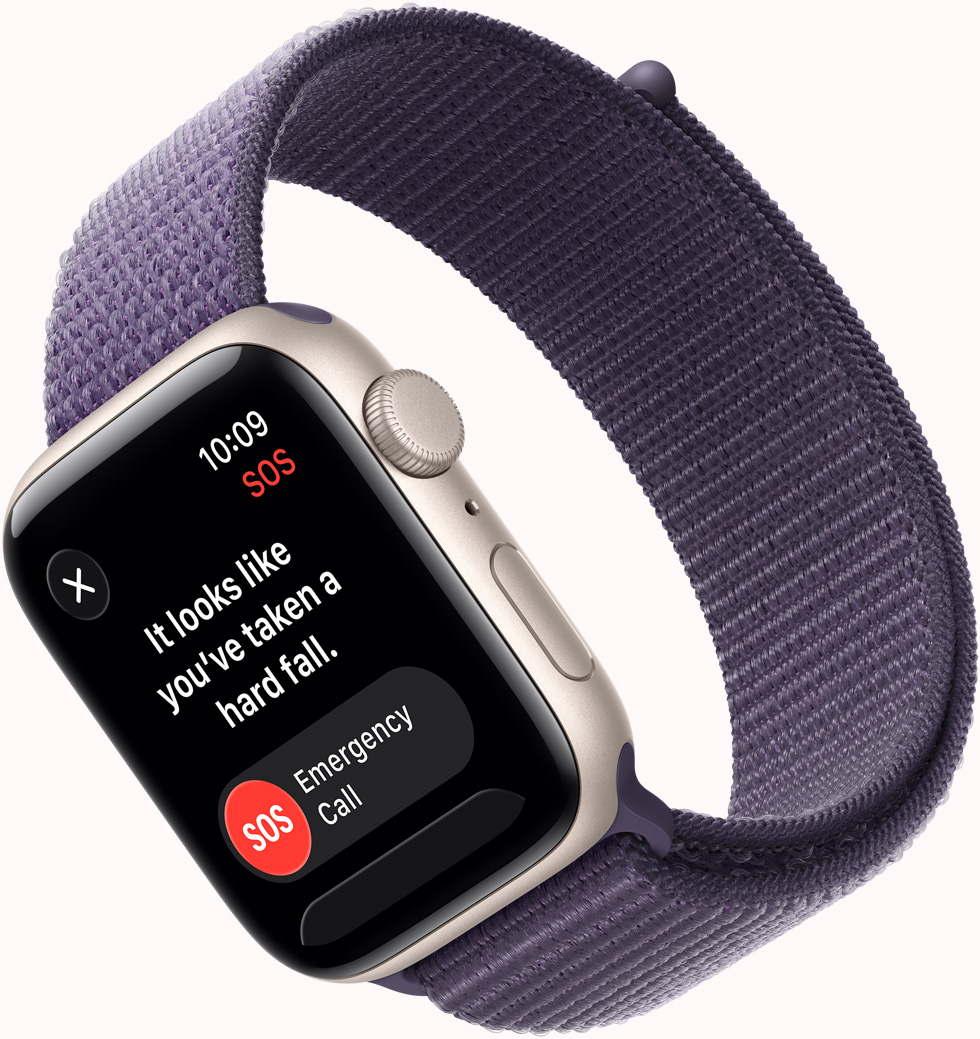 Apple Watch SE 3, aluminum case, starlight color, SOS Fall Detection notification, emergency call and I'm OK buttons, right side exterior, Digital Crown, microphone, side button, band, Sport Loop, purple fog color