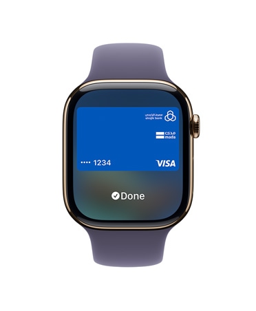 Apple Watch Series 11, gold color, titanium case, Apple Pay, right side exterior, Digital Crown, purple fog Sport Band