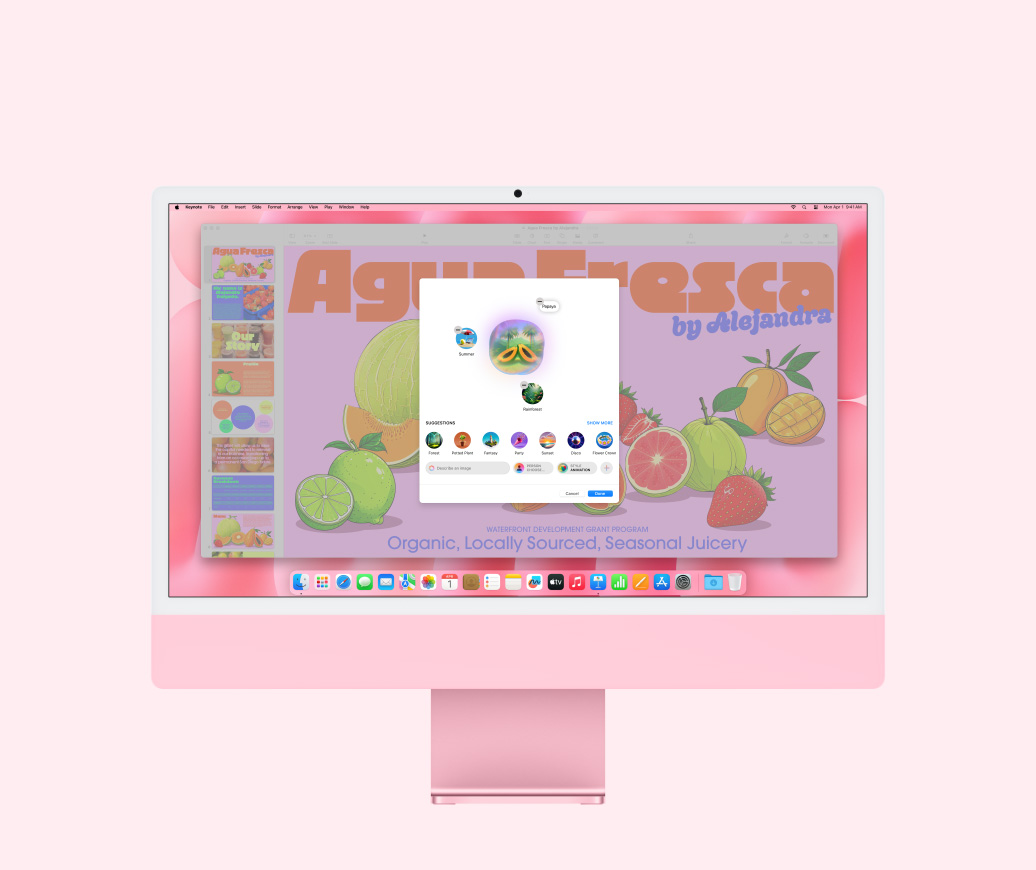 عرض توضيحي لميزة: تطبيق Image Playground ينشئ صورة لفاكهة البابايا كي يتم استخدامها ضمن عرض تقديمي في Key