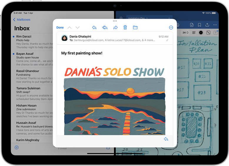 Mail and GoodNotes side by side on iPad