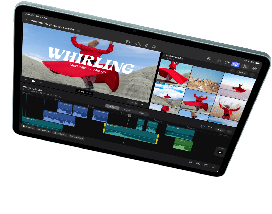 iPad Air in landscape orientation, showcasing video editing in Final Cut Pro