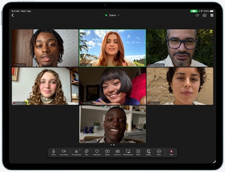 iPad Air, front exterior, Zoom call on the screen, multiple participants visible