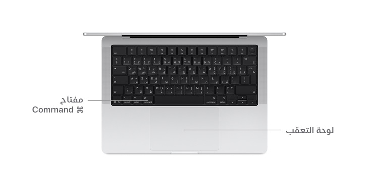 لقطة علوية لجهاز MacBook Pro مقاس 14 إنش مع خطوط تشير إلى مكان زر مفتاح Command ولوحة التعقب.
