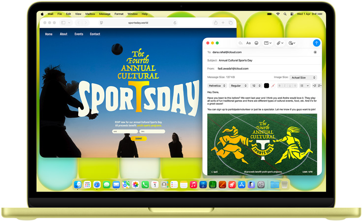 MacBook Neo, citrus color, user is composing an email invitation to an art exhibit, website for the event open alongside