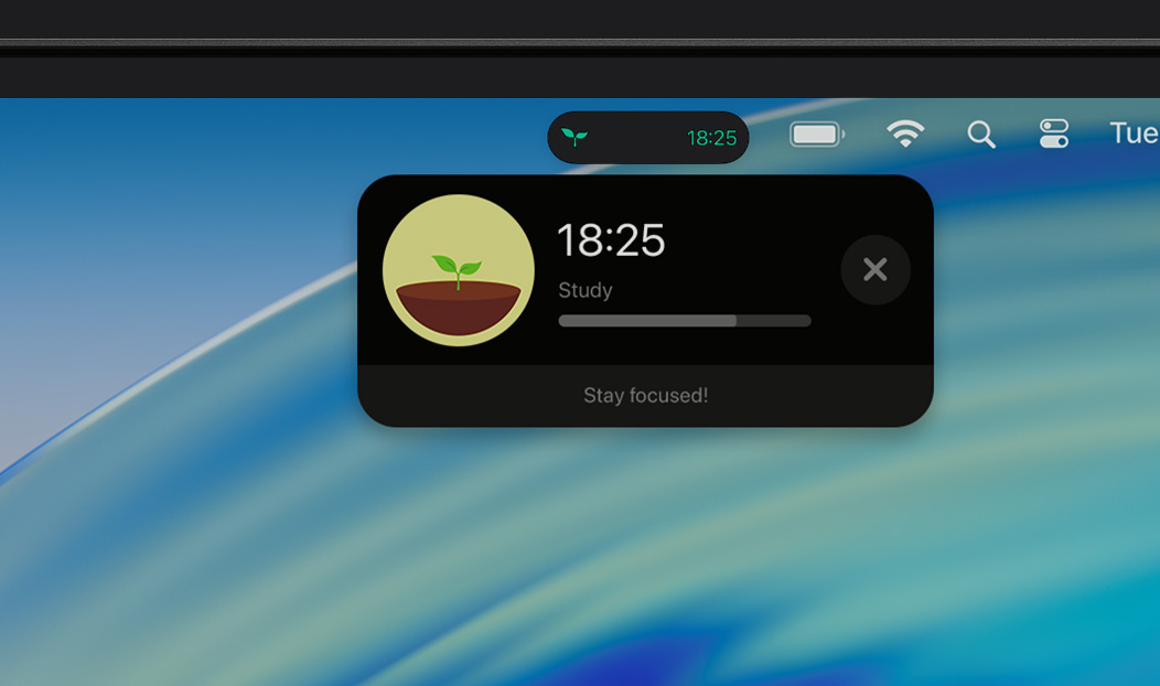 MacBook Pro, Live Activity notification shows the Forest app