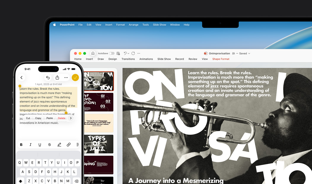 iPhone 16 Plus with text highlighted in the Notes app, MacBook Pro with a Keynote slide open, text from Notes app is visible on the slide