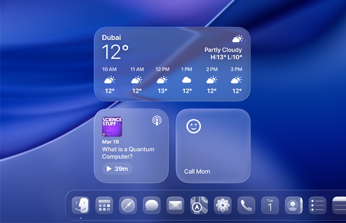 Liquid Glass Weather, Podcasts, and Reminders widgets on macOS Tahoe screen