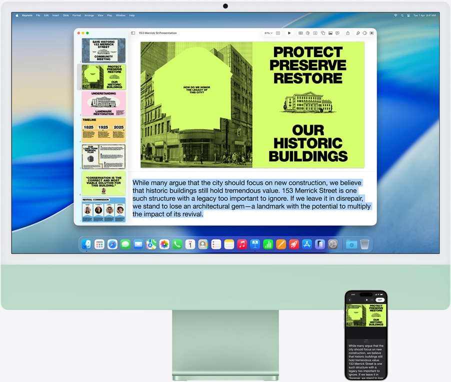 iMac and iPhone 16 Plus, Keynote app open on iMac, slide and presenter notes visible on iPhone